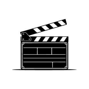 A stark silhouette of a classic film production clapperboard with its hinged slate open and stripes visible presented in a clean minimalist art style vector