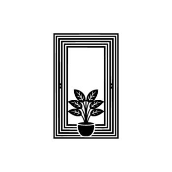 A minimalist silhouette of a potted houseplant with multiple leaves and a rounded pot inside a stylized geometric window frame vector