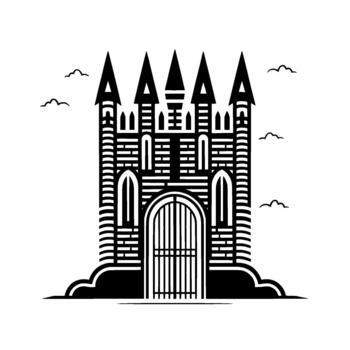 Striking illustration of a symmetrical medieval castle with pointed turrets and a grand arched gate vector