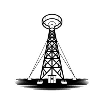 estilizado silueta de un retro radio transmisión torre con chico alambres y un pequeño operador cabina a sus base vector