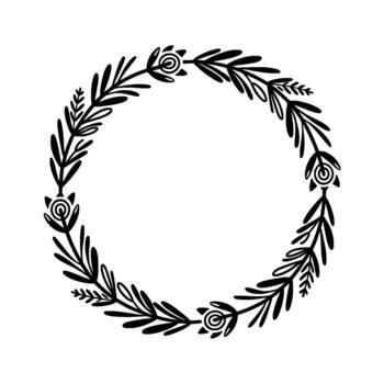 A delicate botanical wreath composed of thin branches with small floral buds and leaves arranged in a circular border vector