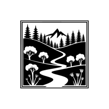 un rígido ilustración de un estilizado paisaje presentando un devanado río fluido mediante laminación colinas hacia un majestuoso montaña pico rodeado por hojas perennes arboles y dispersado caduco arboles vector