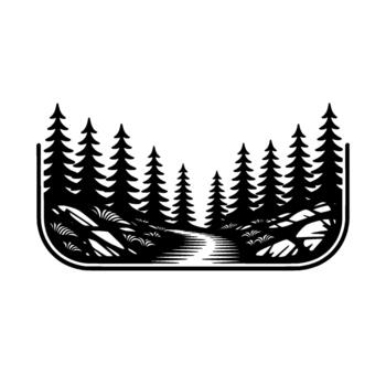 un rígido estilizado ilustración de un devanado bosque camino líder mediante un denso hojas perennes bosque con dentado rocas y texturizado follaje vector