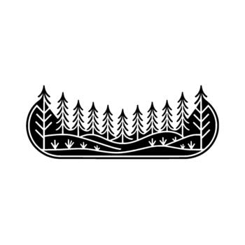 estilizado minimalista ilustración de un denso hojas perennes bosque paisaje con laminación colinas y escaso césped elementos adjunto dentro un redondeado lineal marco vector