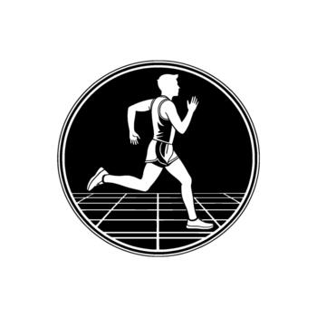 A stylized minimalist of a male runner in mid stride within a circular emblem featuring a perspective grid representing a running track vector