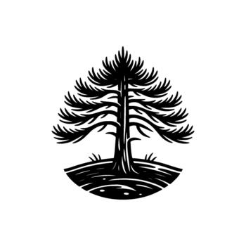 Bold silhouette of a stylized coniferous pine tree with radiating branches and textured base vector