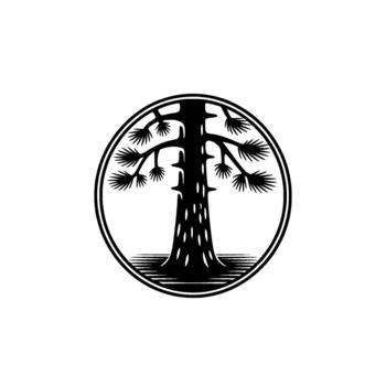 Striking monochrome illustration of a stylized pine tree silhouette enclosed within a double circular border vector