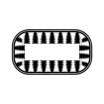 A minimalist geometric abstract featuring a rounded rectangular frame with repeating triangular patterns resembling stylized evergreen trees along its outer edges and a central empty space for vector