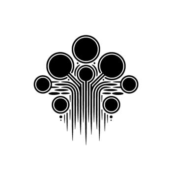 Abstract geometric featuring a symmetrical circular cluster interconnected by fine lines and sharp tapering vertical elements vector