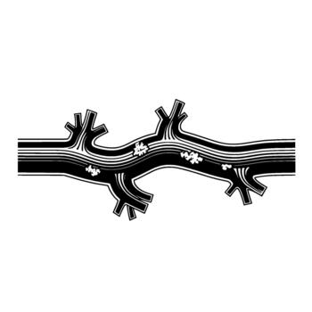 estilizado resumen ilustración de un oscuro derivación estructura con en capas paralelo líneas y racimos de texturizado liquen creciente vector