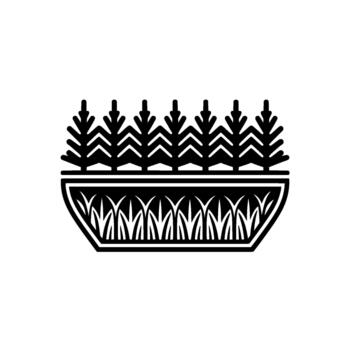 illustration depicting a stylized row of coniferous trees above a patterned border resembling lush green grass in a planter or pot vector