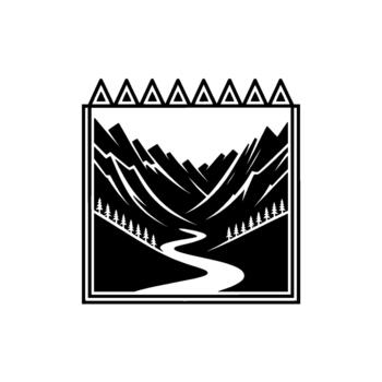Stylized silhouette of a winding river flowing through a dramatic mountain valley with pine trees and triangular peaks framed by a border and geometric triangles vector