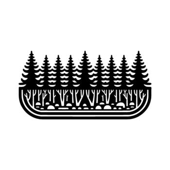 Stylized illustration depicting a dense row of conifer trees and bare branches with smooth river stones inside a curved outline isolated vector