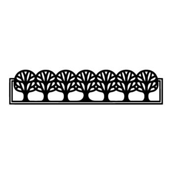 A stylized minimalist illustration of a row of seven identical geometric trees with simple rounded tops and branching patterns within a clean rectangular border vector