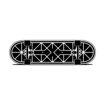 A bold illustration of a skateboard viewed from the bottom showing its detailed symmetrical geometric pattern and wheels vector
