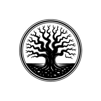 Stylized silhouette of a gnarled ancient oak tree with sprawling branches and exposed roots depicted within a double bordered circular emblem vector