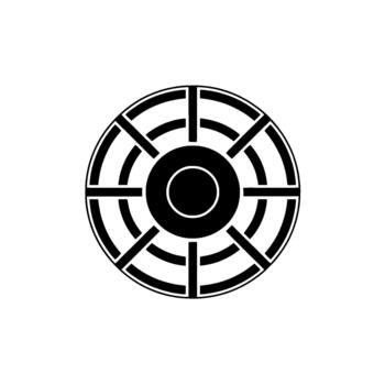 un rígido geométrico símbolo presentando concéntrico círculos cruzado por radial líneas y segmentos parecido a un estilizado rueda o emblema aislado vector