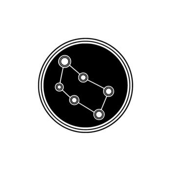 Minimalist representation of the Gemini constellation with interconnected circles and lines within a doubleringed circular border isolated vector