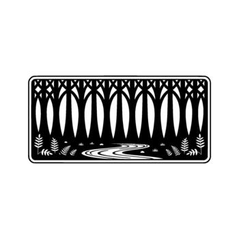 estilizado ilustración de un denso bosque con alto arboles y un devanado río fluido mediante el maleza enmarcado dentro un redondeado rectangular frontera vector