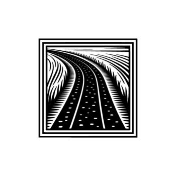 Stylized illustration of a curving railway track leading into the distance through a field of abstract grass and foliage within a bold square frame vector