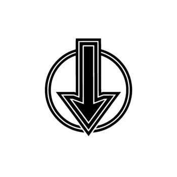 A striking depicting a downward pointing arrow enclosed within a double outlined circle representing direction and descent vector