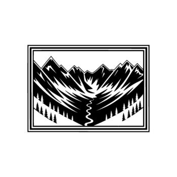 A striking illustration depicting a winding river flowing through a dramatic mountain range adorned with evergreen trees framed within a bold border vector