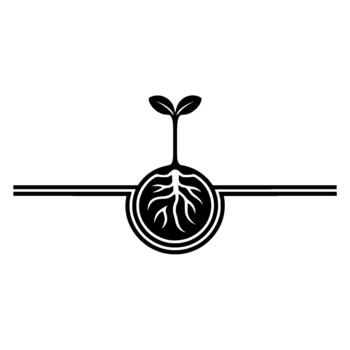 A stylized silhouette of a nascent plant with two leaves emerging from a complex root system within a circular enclosure intersected by a horizontal double line vector