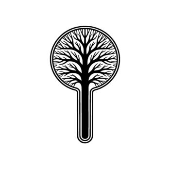 Minimalist stylized illustration of a circular tree silhouette with an abstract elongated trunk isolated vector