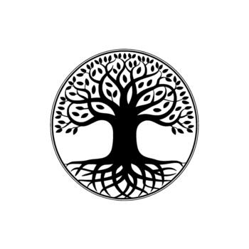 A stylized illustration of a circular tree of life symbol with intricate roots and branching foliage presented vector