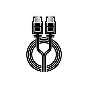A minimalist illustration of two Ethernet RJ connectors side by side at the top with their cables splitting and forming a circular pattern below vector