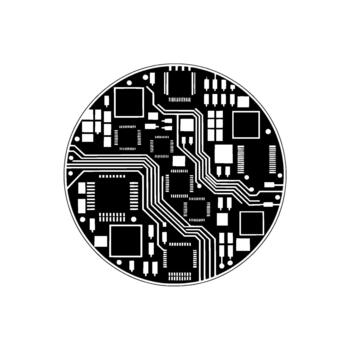 A stylized circular representing a microchip circuit board with intricate pathways and various rectangular integrated circuits vector