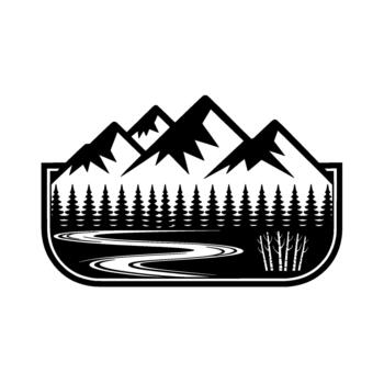 minimalist emblem featuring a winding river flowing through a dense forest beneath jagged mountain peaks within a rounded rectangular frame vector