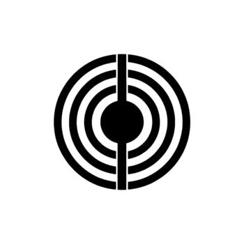 A minimalist abstract geometric circular featuring concentric arcs intersected by a vertical dividing line and a central solid circle creating a modern optical illusion or symbol vector