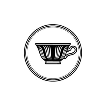 Elegant outline illustration of a vintage tea cup with fluted details and a handle enclosed within a double concentric circle vector