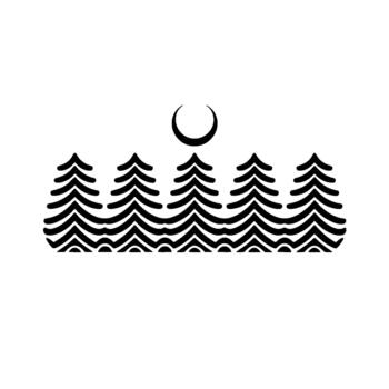 minimalista representación de un estilizado bosque paisaje presentando resumen ola estampado hojas perennes arboles debajo un creciente Luna silueta vector