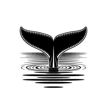 A striking silhouette of a humpback whale tail diving into stylized rippling water creating concentric circles and horizontal lines vector