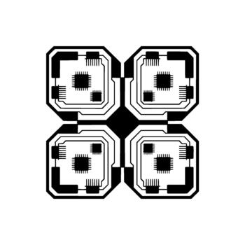 Abstract geometric illustration featuring a symmetrical arrangement of four interconnected circuit board modules each containing multiple integrated circuits and microchips vector