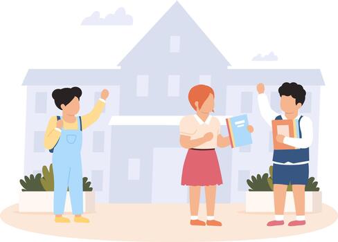 Students waving hello standing in front of school building vector