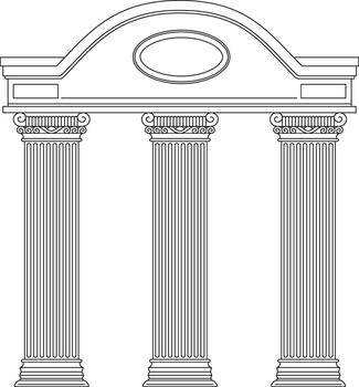 Three classical ionic columns supporting architectural pediment vector