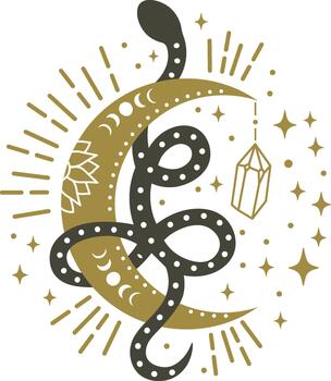 Mystical snake coiling around a celestial crescent moon vector