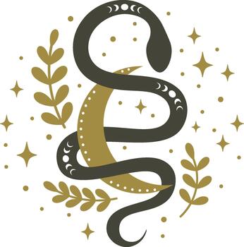Serpent coiling around crescent moon with celestial elements vector