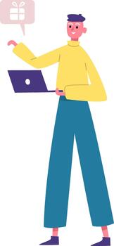 Man using laptop pointing at gift notification vector