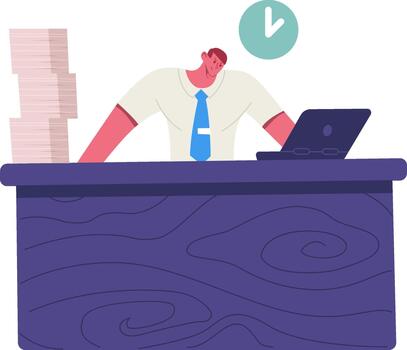 Stressed businessman working overtime with pile of documents vector