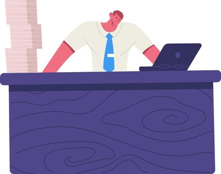 Overworked businessman dealing with stack of documents and laptop vector