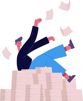 abrumado empleado que cae desde enorme apilar de documentos vector