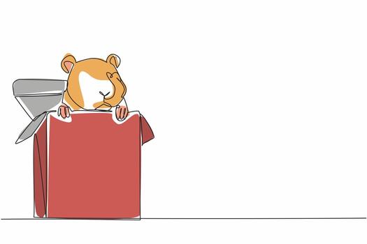 Continuous one line drawing hamster head and legs come out of cardboard box. Box is used as a place to play and hide. Adorable behavior. World Hamster Day. Single line draw illustration vector