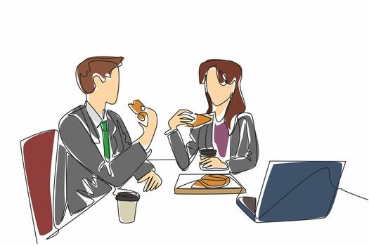 Single one line drawing businessman and businesswoman are eating pizza at the office table. Ordering food. Discussing work. National Make Lunch Count Day. Continuous line design graphic vector