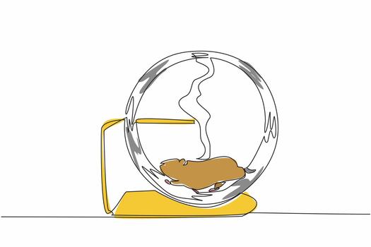 Single continuous line drawing hamster running in running wheel. A play area combined with a cage. A fun habit for hamsters. Play continuously. World Hamster Day. One line illustration vector
