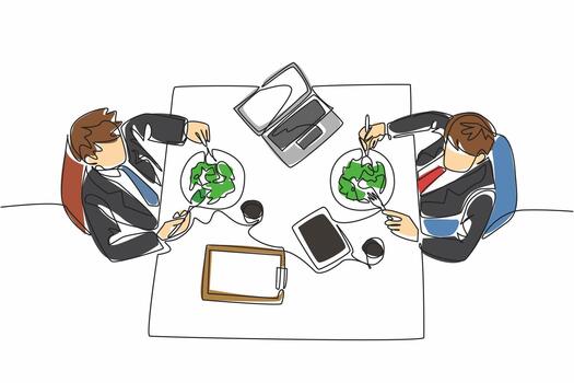 Single continuous line drawing two businessmen are eating at the dining table. Preparing for a meeting while having lunch. Important. National Make Lunch Count Day. One line illustration vector