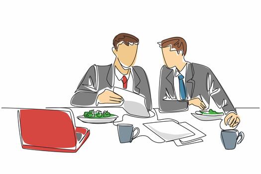 Continuous one line drawing two businessmen eating salad at the office table. Reviewing meeting results over lunch. Sharing. National Make Lunch Count Day. Single line draw illustration vector